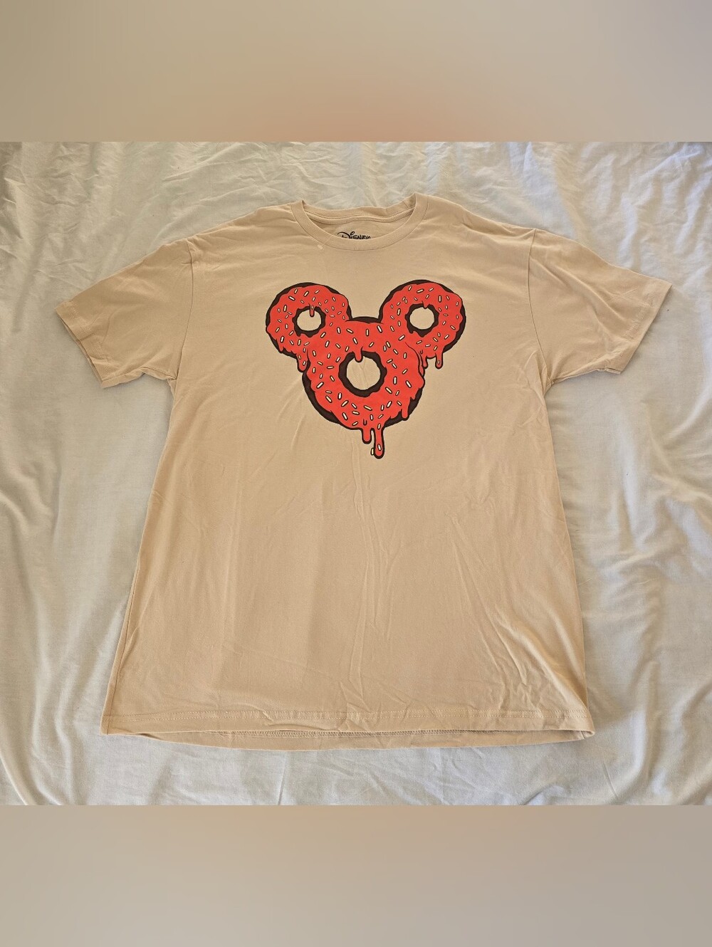 Disney Beige Short Sleeve Tee with Red Donut Graphic